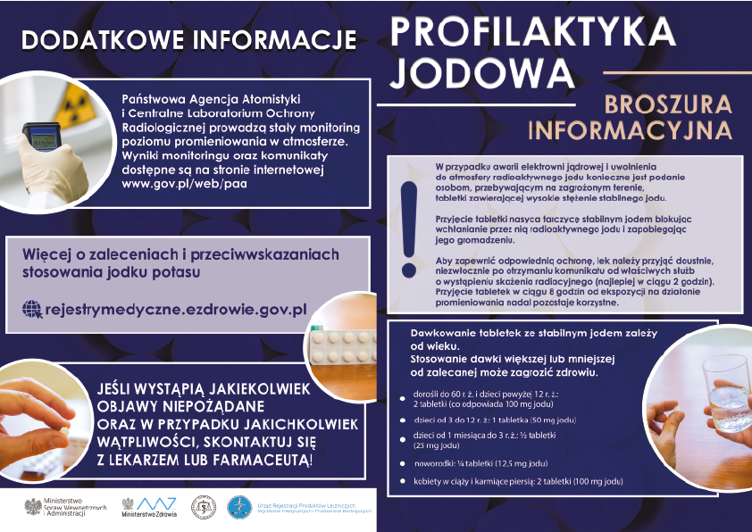 Grafika przedstawia ulotkę informacyjną odnośnie profilaktyki jodowej.