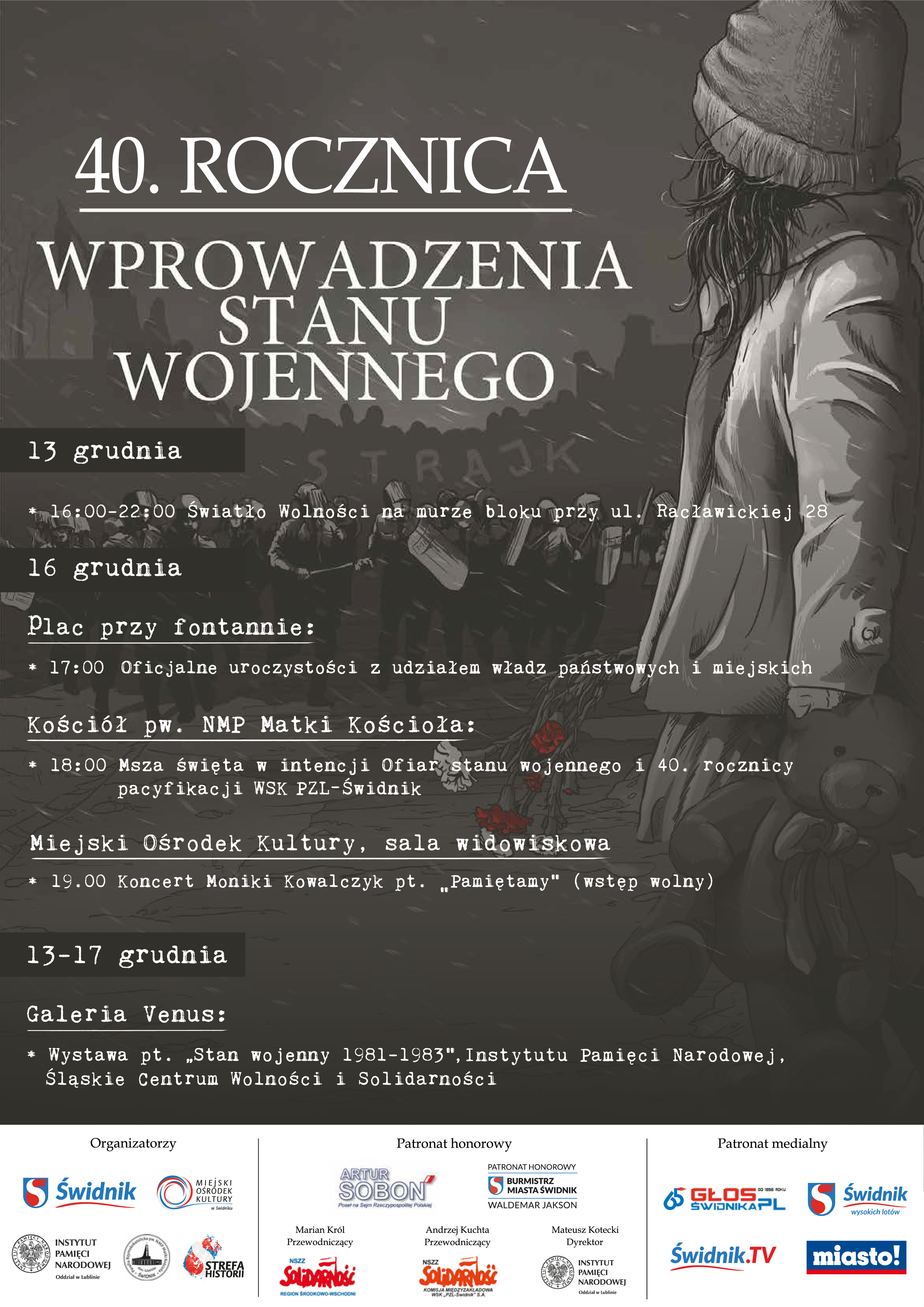 Grafika przedstawia plakat z wydarzeniami z okazji 40. rocznicy ogłoszenia stanu wojennego